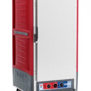 The Metro C537-MXFS-L C5 3 Series Cabinet is 3/4 height with a full-length solid door, red design, and aluminum slides. It features a black handle and wheels for transport. The base includes control dials to maintain optimal temperature at 220-240V, 50/60Hz, 1681-2000W.
