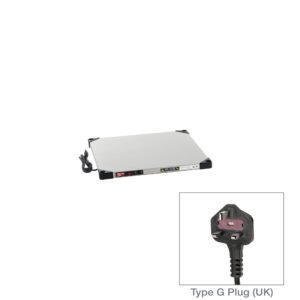 The Metro HSX2424-UK Super Erecta Hot Stainless Steel Heated Shelf is a 24 x 24 rectangular food warmer with a flat surface, operates at 220-240V, and features an attached black power cord with a Type G plug for UK compatibility.