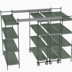 The Metro TT10-E2160M1860P kit features a versatile green scaffold tower with wheels, Super Erecta Pro Shelves, and a U-shaped frame for flexibility. Ideal for 10 ft. spaces needing overhead track shelving; includes vertical metal poles and top horizontal brace for mobility and adaptability.