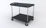 The Metro MY2636-25BL myCart Series 2-Shelf Utility Cart, Black, 26 x 36, is displayed on a plain white background. It has two spacious shelves, sturdy metal supports, four wheels for easy movement, and a convenient handle for pushing.