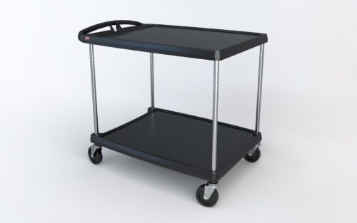 The Metro MY2636-25BL myCart Series 2-Shelf Utility Cart, Black, 26 x 36, is displayed on a plain white background. It has two spacious shelves, sturdy metal supports, four wheels for easy movement, and a convenient handle for pushing.