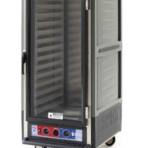 The Metro C537-CLFC-L-GYA C5 3 Series Cabinet, 3/4 height, features a full-length clear door, multiple lip load aluminum slides, gray insulated sides, and intuitive control knobs. Mounted on wheels for easy mobility and ideal for commercial kitchens.