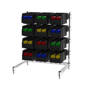 A Metro CR1824DTCT Countertop Condiment Tower displays multiple black storage bins filled with colorful interlocking bricks in red, blue, green, and yellow, arranged neatly in three rows and five columns.
