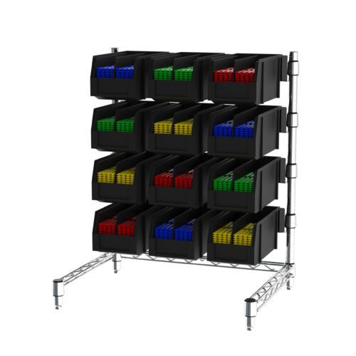 A Metro CR1824DTCT Countertop Condiment Tower displays multiple black storage bins filled with colorful interlocking bricks in red, blue, green, and yellow, arranged neatly in three rows and five columns.