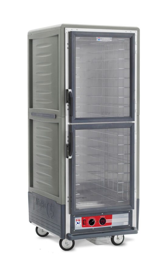 The Metro C539-HLDC-4-GYA C5 3 Series is a tall, gray insulated holding cabinet on wheels with full-height Dutch clear doors. It operates at 120V and 60Hz, features control knobs and a digital display on the bottom front panel, and includes fixed wire slides for multiple shelves.