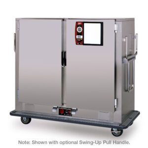 The Metro MBQ-150DXA Banquet Cabinet is a spacious stainless steel unit on wheels featuring a digital control panel, Standard Electric Thermal System, 220V, 1650W power, optional swing-up handles, and bottom bumper for convenience.