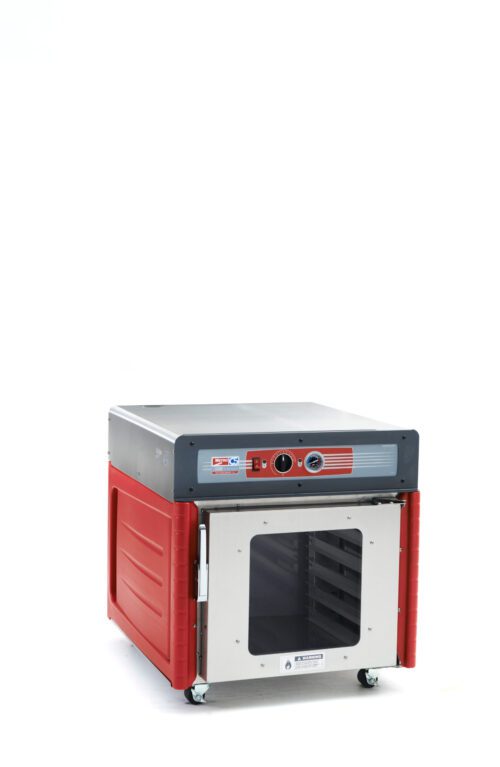 A Metro C543-ASFC-LA C5 4 Series Insulated Holding Cabinet in red and silver, with a transparent full-length front door and lip load aluminum slides, sits on wheels. It runs at 120V, 60Hz, has top front panel control knobs, visible interior through the glass door against a white background.