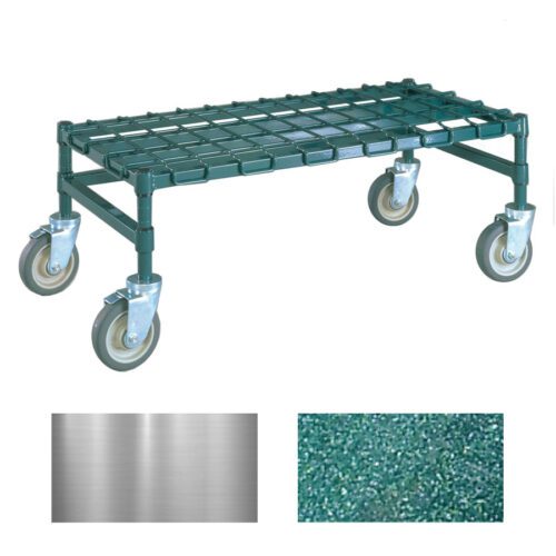 The Metro MHP33K3 Super Erecta Mobile Heavy-Duty Dunnage Rack, in a green epoxy finish, has a grid design on its rectangular metal frame and four swivel casters. Close-ups show its shiny metal surface and Metroseal Green Epoxy material. Dimensions: 18 x 36.