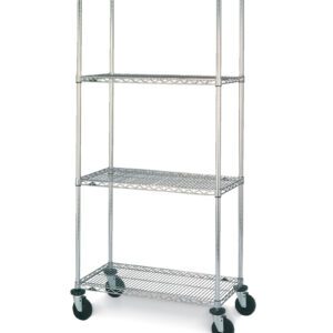 The Metro N436BBR Super Erecta 4-Shelf Wire Shelving Stem Caster Cart in Brite features a silver metal framework with four open-wire mesh tiers, measuring 21 x 36 x 67.875. Note: Dimensions may vary from the product shown.