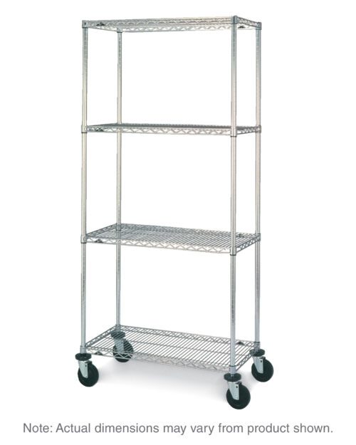The Metro N436BBR Super Erecta 4-Shelf Wire Shelving Stem Caster Cart in Brite features a silver metal framework with four open-wire mesh tiers, measuring 21 x 36 x 67.875. Note: Dimensions may vary from the product shown.