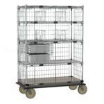 The Metro ECM55XC Super Adjustable Super Erecta Deluxe Transport and Exchange Cart features a stainless steel bottom shelf, four shelves with wire mesh sides, smooth-rolling wheels, and holds only a gray plastic bin. Dimensions: 24 x 48.