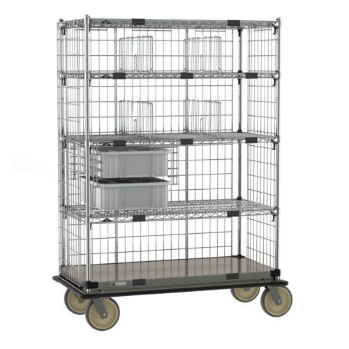 The Metro ECM55XC Super Adjustable Super Erecta Deluxe Transport and Exchange Cart features a stainless steel bottom shelf, four shelves with wire mesh sides, smooth-rolling wheels, and holds only a gray plastic bin. Dimensions: 24 x 48.