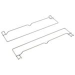 Two stainless steel wire racks are placed parallel on a white background. Each resembles the Metro C5-USLIDEPR-S Extra Universal Slide Pair for C5 Series Cabinets, featuring hooks and bends like replacement parts for an oven or kitchen appliance.