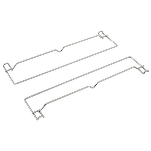 Two stainless steel wire racks are placed parallel on a white background. Each resembles the Metro C5-USLIDEPR-S Extra Universal Slide Pair for C5 Series Cabinets, featuring hooks and bends like replacement parts for an oven or kitchen appliance.