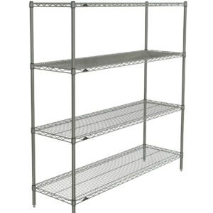 The Metro N366BR Super Erecta 4-Shelf Industrial Wire Shelving Starter Unit (Brite, 18 x 60 x 63) features four adjustable shelves with sturdy legs and an open grid design for ventilation, making it ideal for various spaces with its minimalist industrial style.