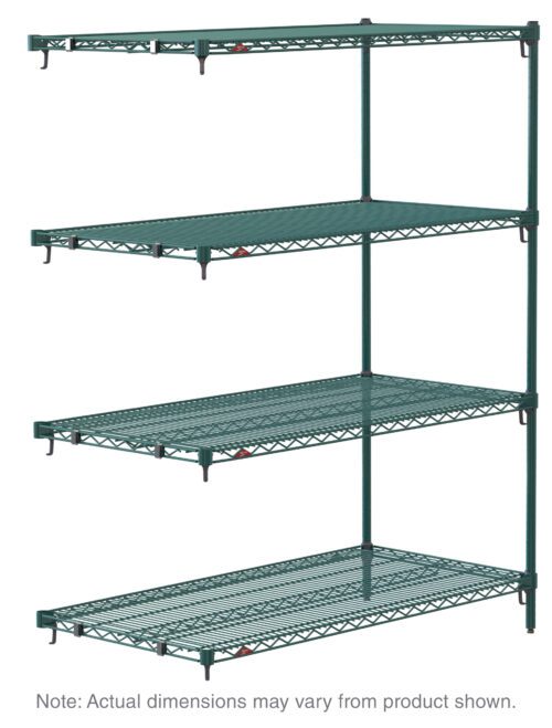 The Metro Super Adjustable Super Erecta AA476K3 Add-On Unit, sized 21 x 72 x 63, has four wire shelves with vertical supports in Metroseal Green Epoxy. Note: Dimensions may slightly differ from whats shown.