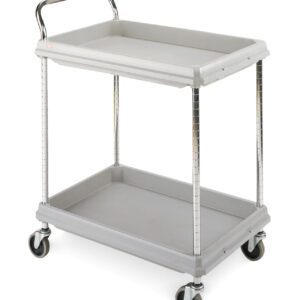 The Metro BC2030-2DG Deep Ledge 2-Shelf Utility Cart (Gray, 20 x 30) features two robust shelves, chrome legs, and swivel casters for smooth movement. Its raised-edge top shelf and metal handle enhance convenience and functionality.