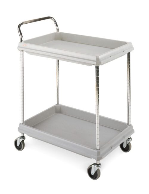 The Metro BC2030-2DG Deep Ledge 2-Shelf Utility Cart (Gray, 20 x 30) features two robust shelves, chrome legs, and swivel casters for smooth movement. Its raised-edge top shelf and metal handle enhance convenience and functionality.