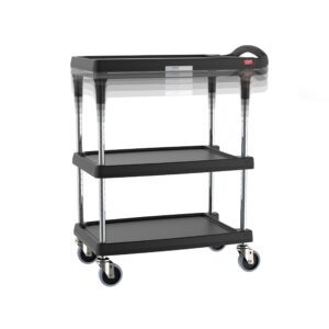 Introducing the Metro MY1627-34BL-PL myCart Plus—a 3-shelf, black utility cart with height-adjustable shelves, chrome legs, and four wheels for easy transport. Measuring 16 x 27, it features a convenient handle to move your items effortlessly.