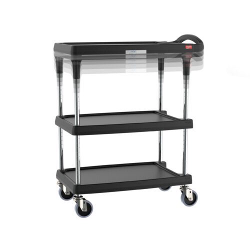 Introducing the Metro MY1627-34BL-PL myCart Plus—a 3-shelf, black utility cart with height-adjustable shelves, chrome legs, and four wheels for easy transport. Measuring 16 x 27, it features a convenient handle to move your items effortlessly.
