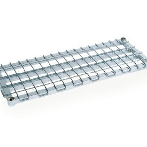 The Metro 1824DRC Super Erecta Dunnage Shelf, measuring 18 x 24, features a shiny chrome finish, two longitudinal bars, multiple crossbars, and four raised corners that stand out against light backgrounds.