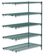 The Metro Super Adjustable Super Erecta 5AA557K3 is an industrial wire shelving add-on unit with five adjustable shelves supported by four poles in a grid pattern. It measures 24 x 48 x 74 and features a Metroseal Green Epoxy coating.