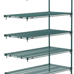 The Metro Super Adjustable Super Erecta 5AA557K3 is an industrial wire shelving add-on unit with five adjustable shelves supported by four poles in a grid pattern. It measures 24 x 48 x 74 and features a Metroseal Green Epoxy coating.