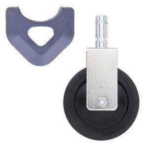 A Metro 5MRX 5 Resilient Rubber Rigid Stem Caster with a black tire and metal bracket, suited for MetroMax Industrial Plastic Shelving Racks, is shown with a gray plastic triangular cover.