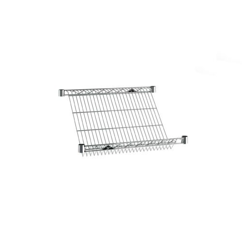 The Metro 1824DNC Super Erecta Slanted Shelf (18 x 24) is a wall-mounted, chrome-plated rack with a sleek design of evenly spaced bars, ideal for draining and drying dishes while enhancing modern kitchen décor.