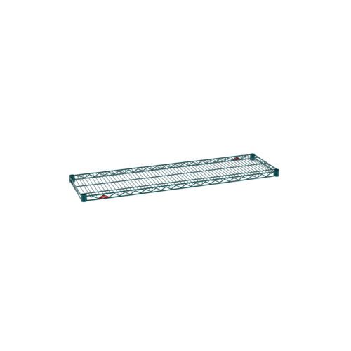 The Metro Super Erecta 1448NK3 Industrial Wire Shelf, in a Metroseal Green Epoxy finish, measures 14 x 48 and features a supportive grid pattern. Its shown on a clean white background.