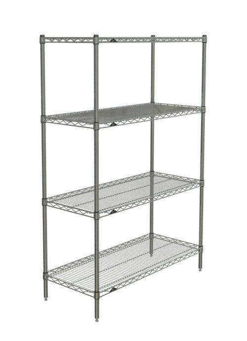 The Metro N346BR Super Erecta 4-Shelf Industrial Wire Shelving Starter Unit (Brite, 18 x 42 x 63) is shown on a white background, featuring a Brite finish and robust interlocking components ideal for versatile storage in various settings.