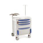 The Metro FLCRP1 Flexline Crash Cart, with its wheeled white frame and blue drawers, includes a side IV pole and top monitor holder for quick access to essential tools in emergencies.