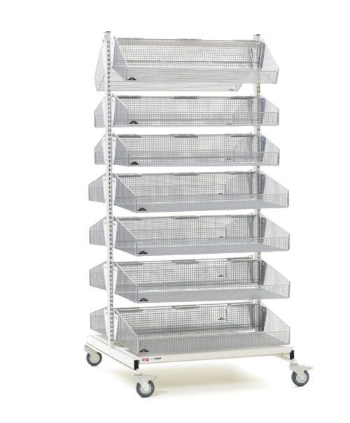 The Metro QB236-M14 qwikSIGHT Shelving Unit is a 36 L tall metal rack with a slanted design for easy access. It features multiple perforated shelves, 14 baskets, double-sided storage, wheels, and a white background, combining functionality with style.