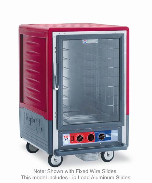 The Metro C535-MFC-LA C5 3 Series half-height cabinet is a red unit with a full-length clear door on wheels. It includes lip load aluminum slides, fixed wire slides for trays, and control knobs at the bottom front, operating at 120V, 60Hz.