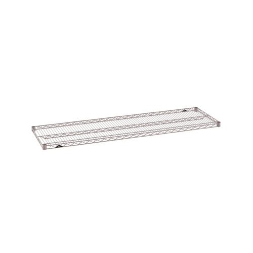 The Metro Super Erecta 1860NK4 Industrial Wire Shelf in Metroseal Gray Epoxy features a minimalist grid pattern, reinforced edges, and corner brackets for enhanced support and durability. Its sleek finish fits perfectly in any space. Dimensions: 18 x 60.