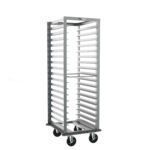 The Metro RD15NA33 End-Load Pan Rack is a tall, silver metal rack on four wheels with a solid frame and gray continuous bumper, featuring multiple shelves with 3 slide spacing for trays. Its open, mobile structure measures 22 x 25 x 63.75.