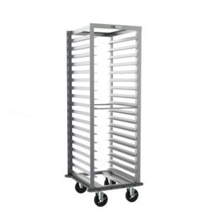 The Metro RD15NA33 End-Load Pan Rack is a tall, silver metal rack on four wheels with a solid frame and gray continuous bumper, featuring multiple shelves with 3 slide spacing for trays. Its open, mobile structure measures 22 x 25 x 63.75.