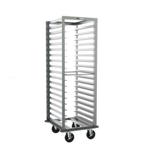 The Metro RD15NA33 End-Load Pan Rack is a tall, silver metal rack on four wheels with a solid frame and gray continuous bumper, featuring multiple shelves with 3 slide spacing for trays. Its open, mobile structure measures 22 x 25 x 63.75.