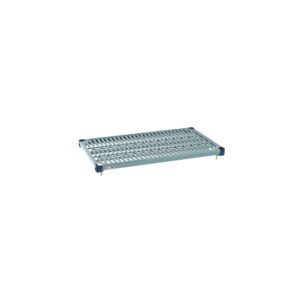 The MetroMax Q MQ2136G Plastic Industrial Shelf with Grid Mat features a rectangular design, light gray finish, crosshatch pattern for drainage or ventilation, and four small feet at each corner in a sturdy 21 x 36 size.