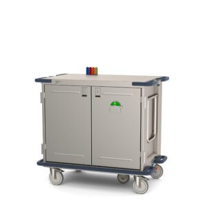 The Metro CaseVue CV36LS-5BFH-S1 Surgical Case Cart, with solid doors and a pullout solid shelf, measures 45.5W x 28D x 40.625H and includes a swing-up handle, color flags, blue handles and wheels, two front cabinet doors, a small ID holder, and three top markers in red, blue, and yellow.