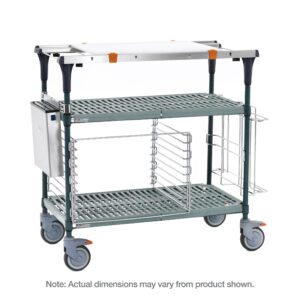 Introducing the Metro MS1830-PRPR-PK2 PrepMate MultiStation 30 Prep Station, featuring Super Erecta Pro top and bottom shelves with Metroseal Green Epoxy posts. It includes two shelves, four blue wheels, and side compartments. Note: Dimensions may vary.