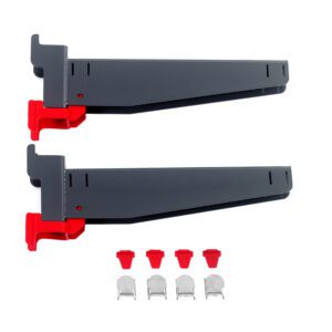 Two gray plastic wall mounts with red adjustable clips are placed parallel on a white background. Below them are four red triangular markers and four silver round brackets, resembling the Metro SMA14A SmartLever Arms (Pair), 14, setup for versatile use.