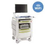 The Metro FLWENDO Flexline Endoscopic Cart with Wireless Touchpad has drawers, a computer monitor, and medical equipment on wheels. Its wireless connectivity is shown by a blue WiFi symbol. The sleek cart is white with green accents for efficient medical support.