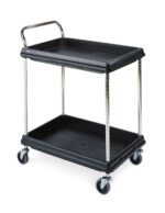 The Metro BC2030-2DBL Deep Ledge 2-Shelf Utility Cart in black features two roomy 20 x 30 shelves, a strong metal handle, and four wheels for easy mobility, ideal for stylishly transporting items.
