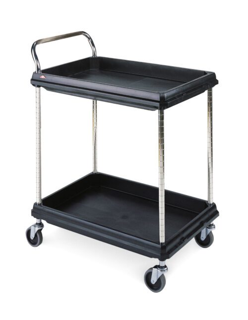 The Metro BC2030-2DBL Deep Ledge 2-Shelf Utility Cart in black features two roomy 20 x 30 shelves, a strong metal handle, and four wheels for easy mobility, ideal for stylishly transporting items.