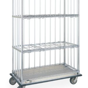The Metro CLT2460S Wire Convertible Linen Truck is a large, metal, wheeled cage cart with a sturdy wireframe and three empty shelves, designed for efficient storage or transport with four wheels for easy mobility.