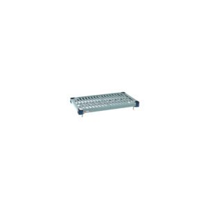 The MetroMax Q MQ1424G Plastic Industrial Shelf, 14 x 24, features a perforated, non-slip surface supported by four short legs with blue corner supports in a white design.