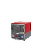 The Metro C533-CXFC-L C5 3 Series Insulated Holding/Proofing Cabinet has a red finish with a full-length clear door and lip load aluminum design. It operates at 220-240V, 50/60Hz, and is mounted on wheels for easy mobility to keep food hot during transport.
