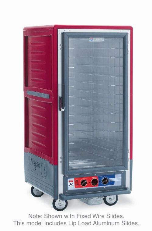 The Metro C537-MFC-L is a 3/4 height red insulated food holding cabinet with a full-length clear door, aluminum slides, and mounted on wheels. It features bottom control knobs and operates efficiently at 120V, 60Hz, and 2000W.