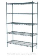 The Metro 5N447K3 Super Erecta Starter Unit features five adjustable wire shelves in a sleek industrial design, finished in Metroseal Green Epoxy. Open on all sides, this sturdy unit measures approximately 21 x 42 x 74, though actual dimensions may vary.